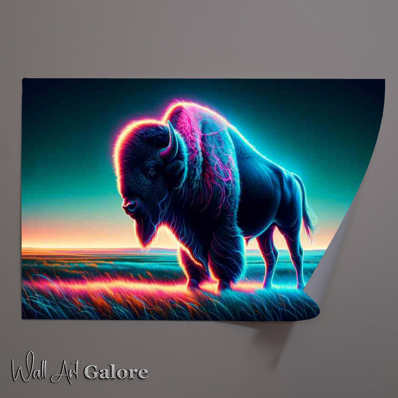 Buy Unframed Poster : (Bison standing on a grassy plain rendered in a neon art style)
