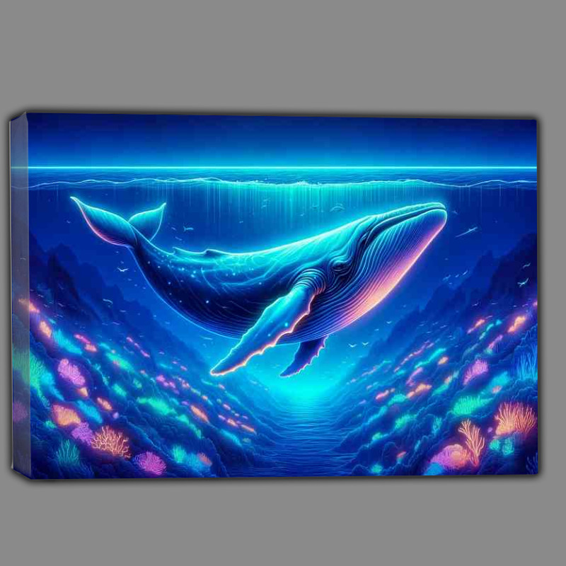 Buy Canvas : (Blue whale swimming in the ocean depicted in a neon art style)