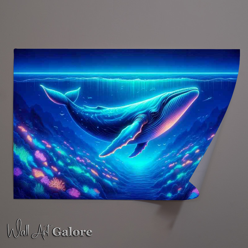 Buy Unframed Poster : (Blue whale swimming in the ocean depicted in a neon art style)