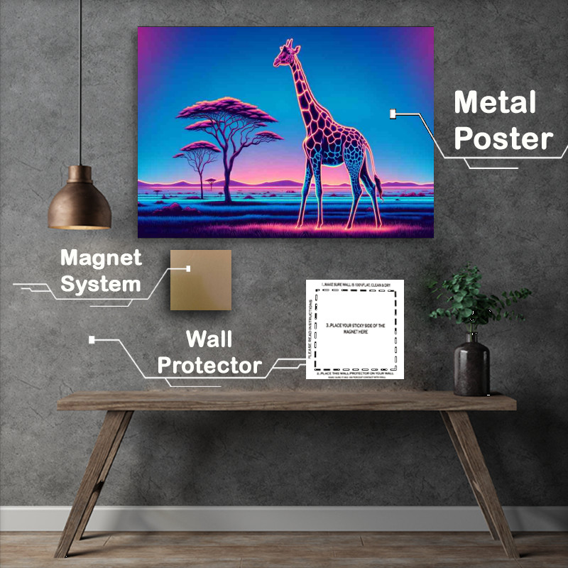 Buy Metal Poster : (Giraffe in a savannah landscape in a neon art style)
