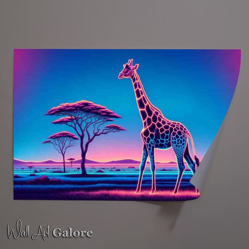 Buy Unframed Poster : (Giraffe in a savannah landscape in a neon art style)