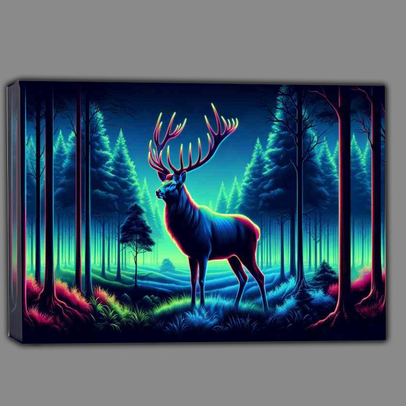 Buy Canvas : (Majestic stag standing in a misty forest in a neon art style)