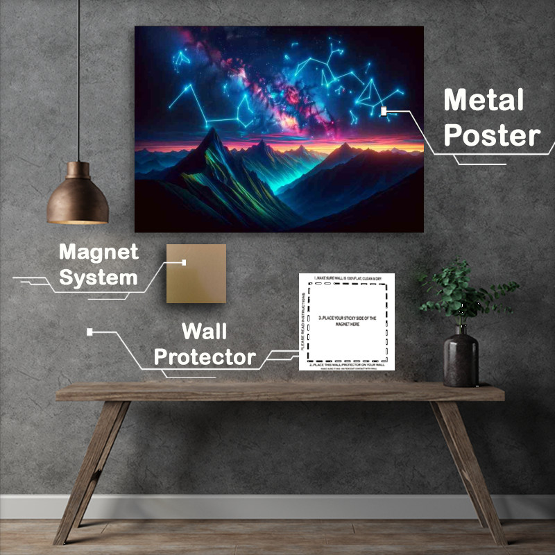 Buy Metal Poster : (Neon Constellations over a Mountain Range)