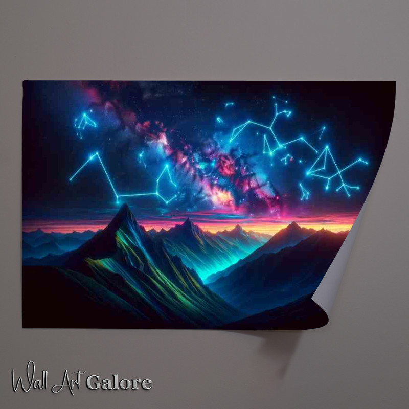 Buy Unframed Poster : (Neon Constellations over a Mountain Range)