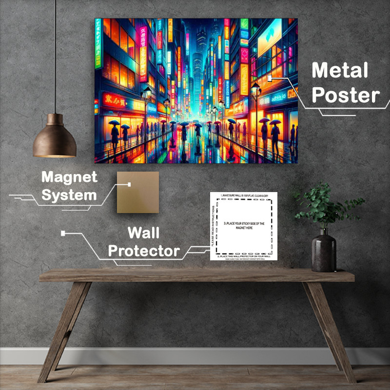 Buy Metal Poster : (Neon filled streets in a rain soaked metropolis)