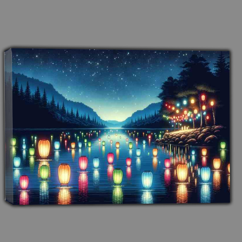 Buy Canvas : (Neon lanterns floating on a tranquil lake at night)