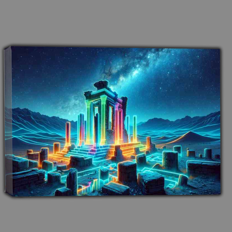 Buy Canvas : (Neon lit ancient ruins under a starry sky)