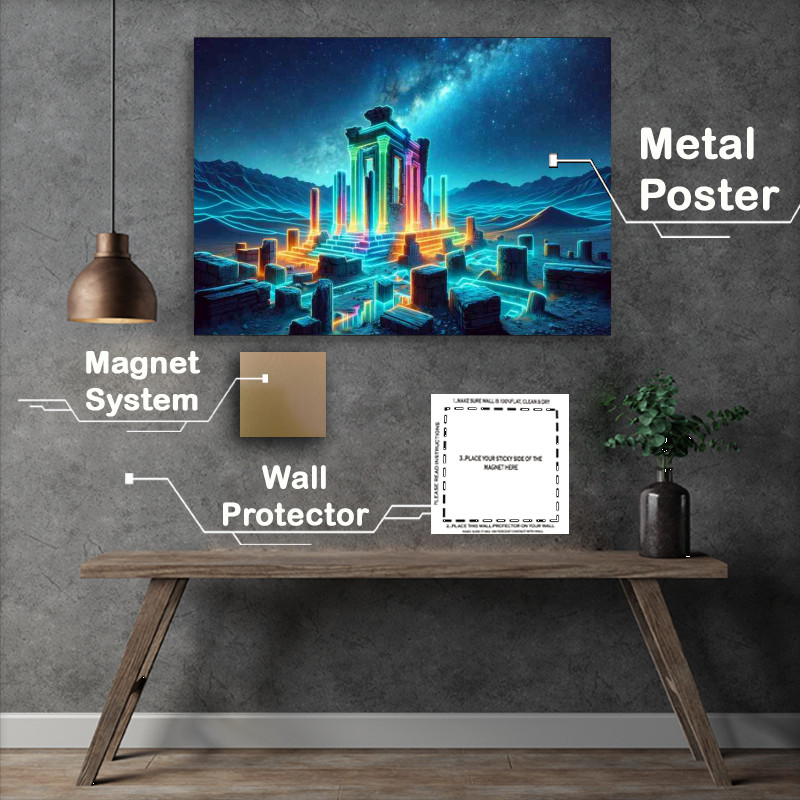 Buy Metal Poster : (Neon lit ancient ruins under a starry sky)