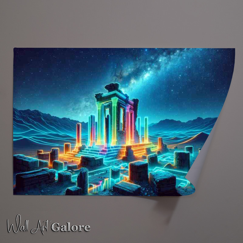 Buy Unframed Poster : (Neon lit ancient ruins under a starry sky)