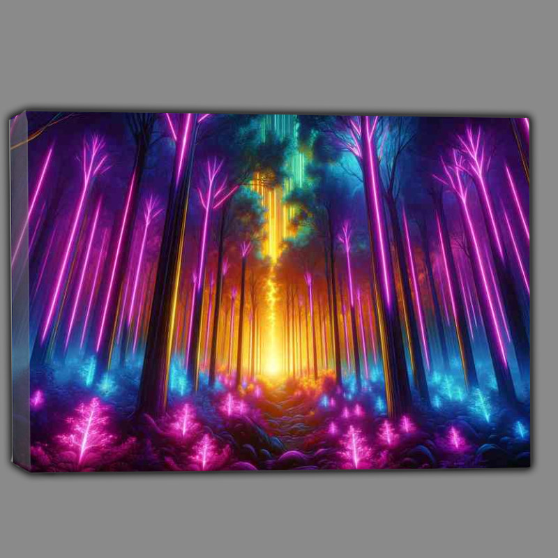Buy Canvas : (Neon lit forest at twilight with trees glowing)