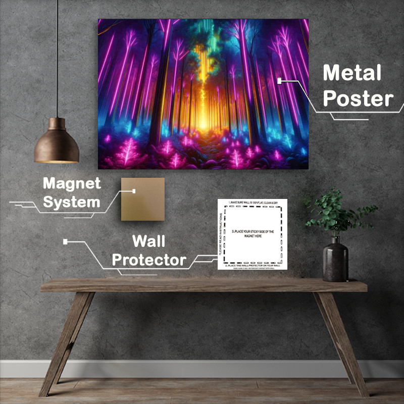 Buy Metal Poster : (Neon lit forest at twilight with trees glowing)