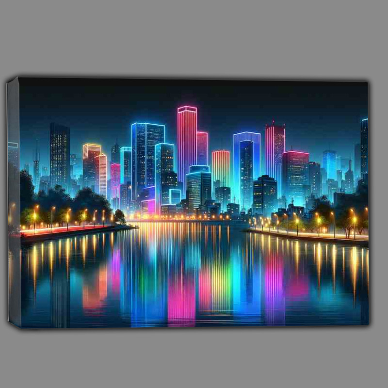 Buy Canvas : (Neon skyline reflections in tranquil waters)