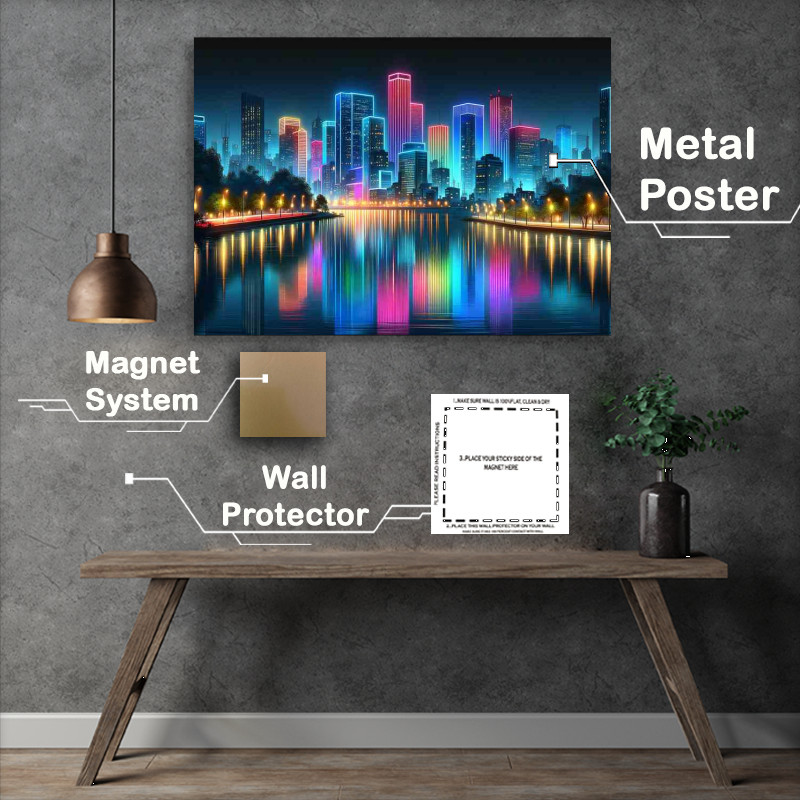 Buy Metal Poster : (Neon skyline reflections in tranquil waters)