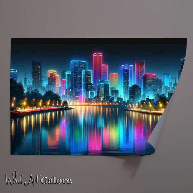 Buy Unframed Poster : (Neon skyline reflections in tranquil waters)