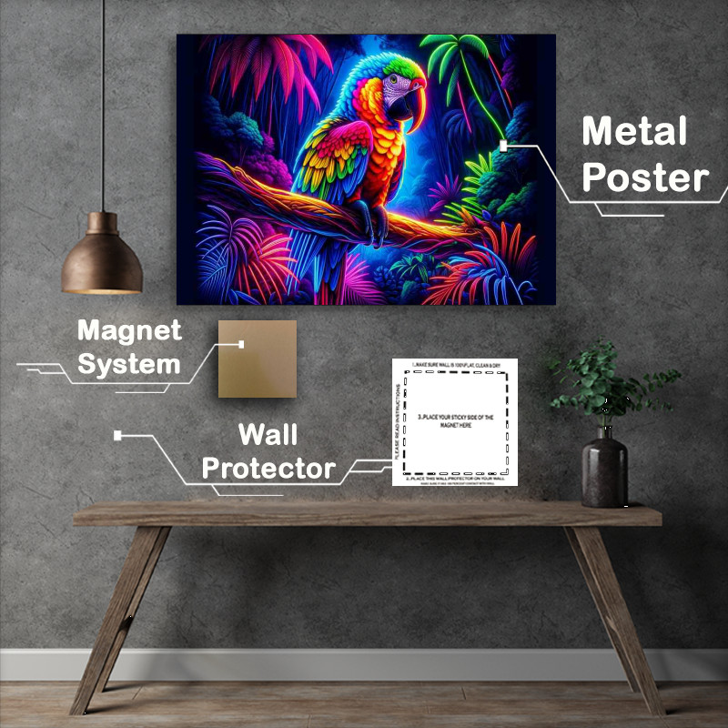 Buy Metal Poster : (Parrot perched on a branch rendered in a neon art style)