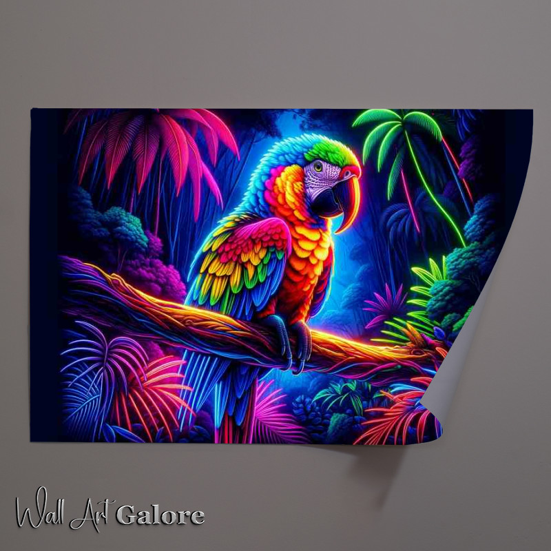 Buy Unframed Poster : (Parrot perched on a branch rendered in a neon art style)