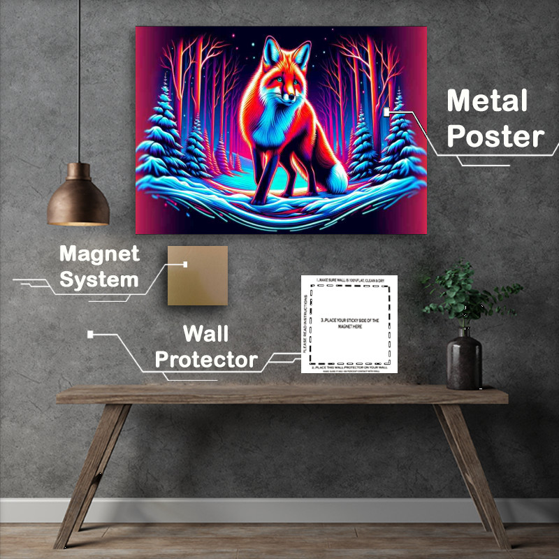 Buy Metal Poster : (Red fox in a snowy landscape neon art style)