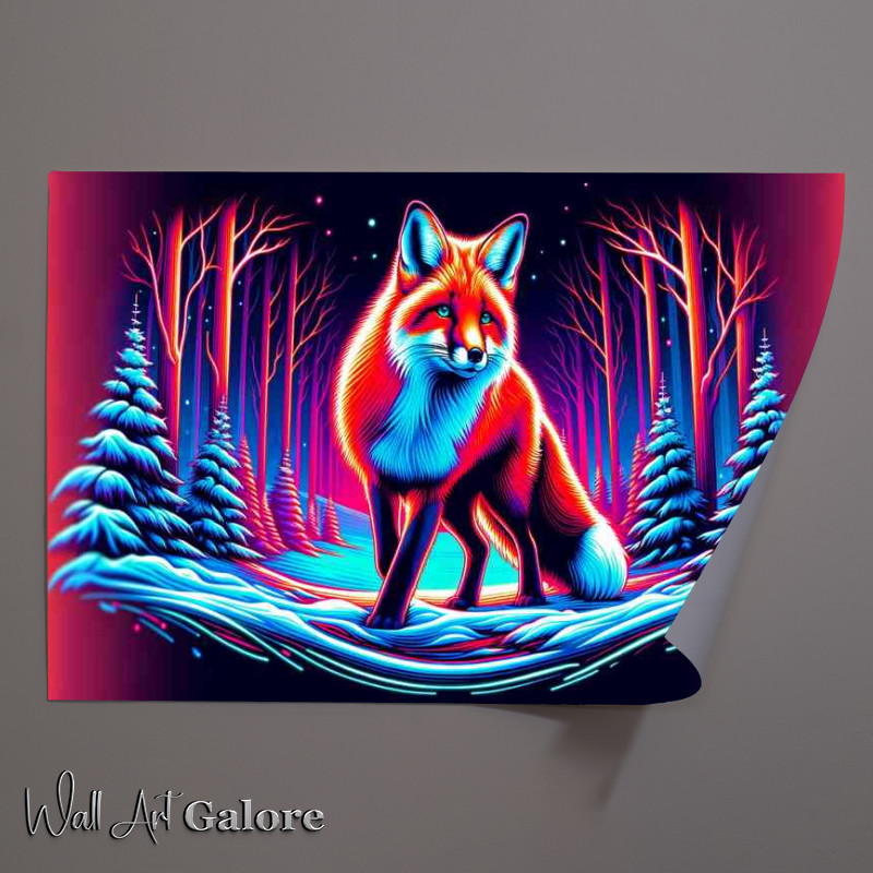 Buy Unframed Poster : (Red fox in a snowy landscape neon art style)