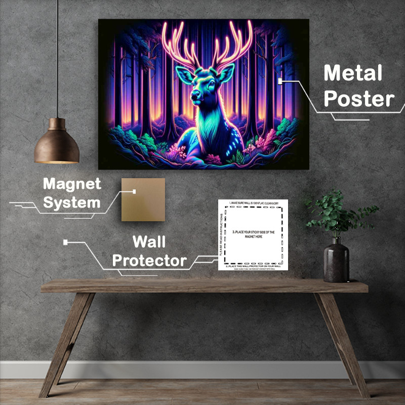 Buy Metal Poster : (Regal deer in a forest depicted in a neon art style)