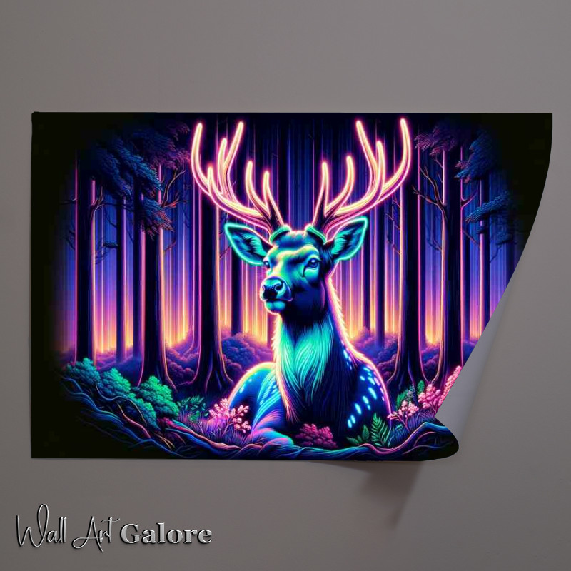 Buy Unframed Poster : (Regal deer in a forest depicted in a neon art style)
