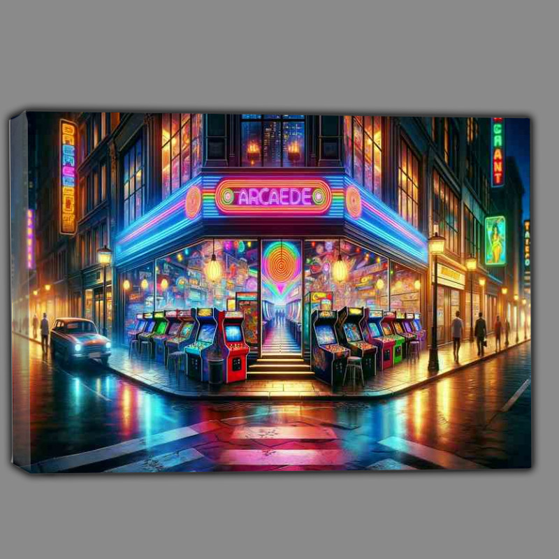 Buy Canvas : (Retro Neon Arcade in a Bustling City)