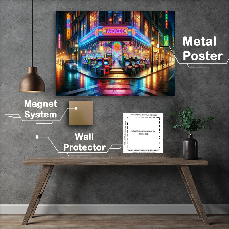 Buy Metal Poster : (Retro Neon Arcade in a Bustling City)