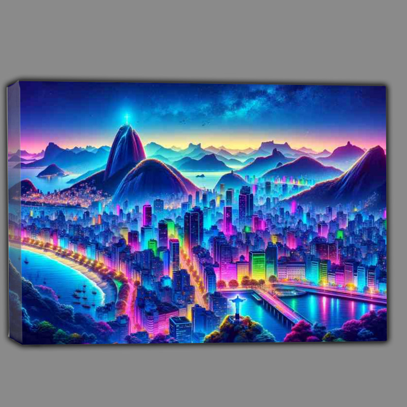 Buy Canvas : (Rio de Janeiro skyline aglow with vibrant neon colors)