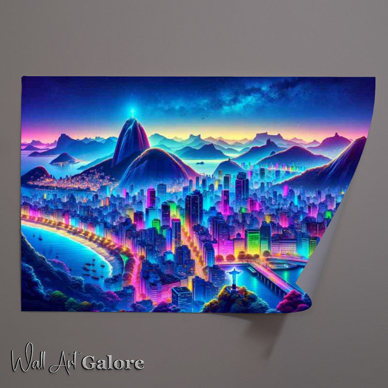 Buy Unframed Poster : (Rio de Janeiro skyline aglow with vibrant neon colors)