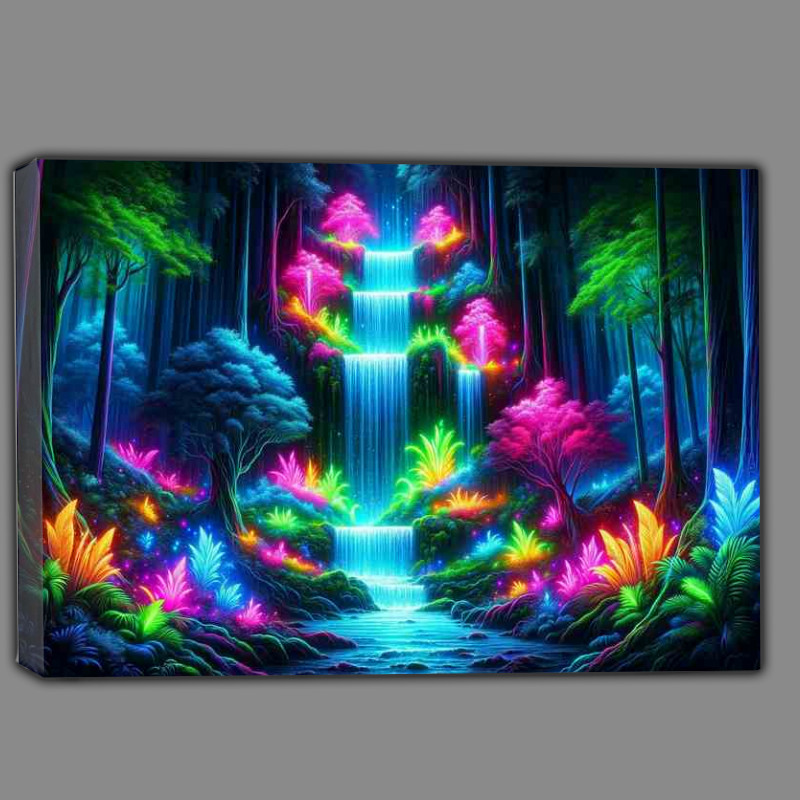 Buy Canvas : (Scene of a neon waterfall cascading down in a mystical forest)