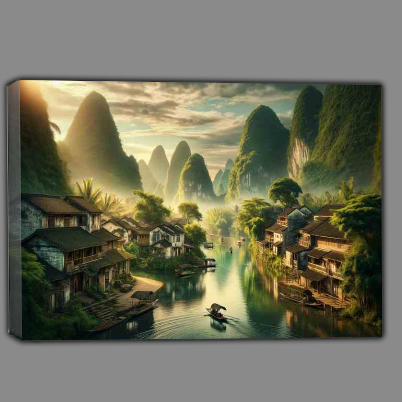 Buy Canvas : (Tranquil Ancient Village River)