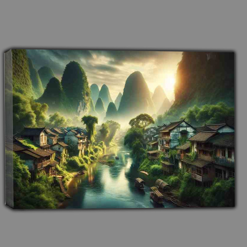 Buy Canvas : (Tranquil Ancient Village River Landscape)
