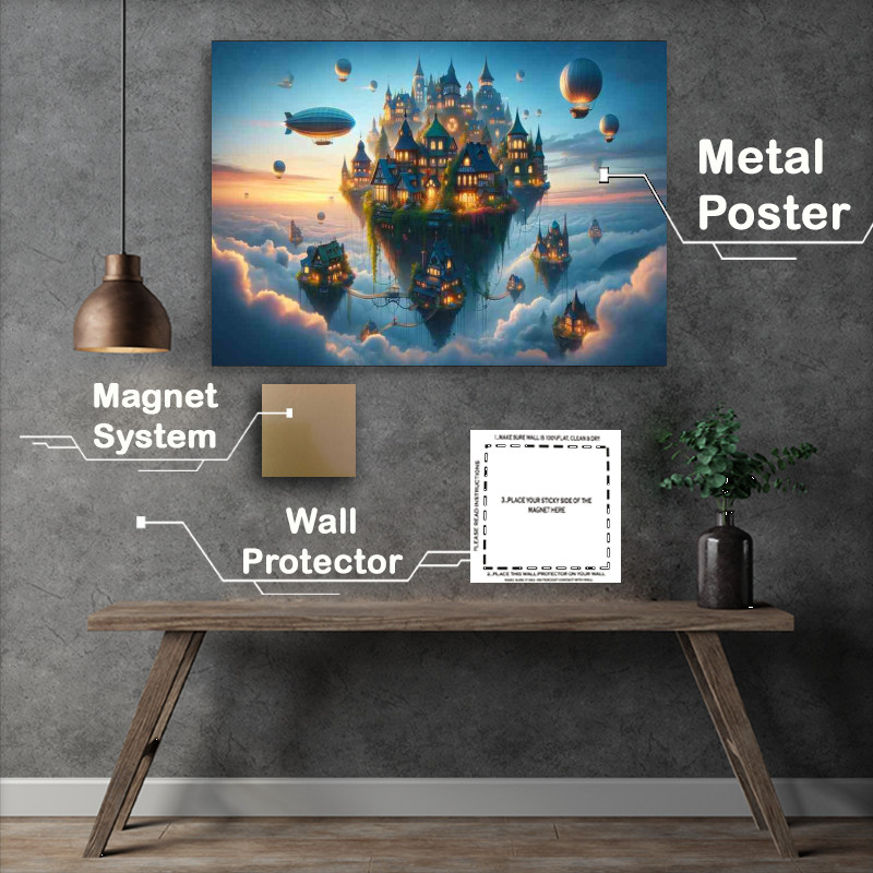 Buy Metal Poster : (Whimsical Sky Village floating isles)