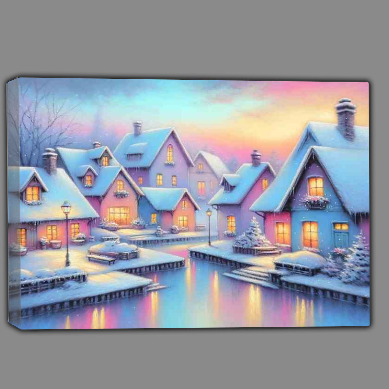 Buy Canvas : (Pastel Peace A Snowy Village at Dusk)
