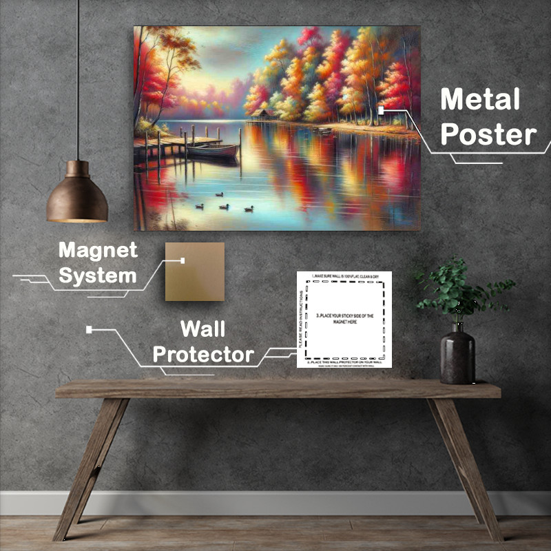 Buy Metal Poster : (Autumns Serenity A Lakeside in Pastel Style)