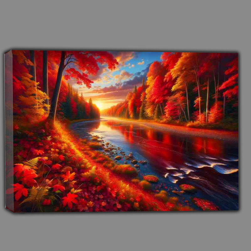 Buy Canvas : (Crimson Canopy The Vibrant Autumn Riverbank)