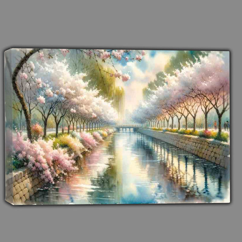 Buy Canvas : (Springs Delight A Riverside Blossom in Watercolor Style)