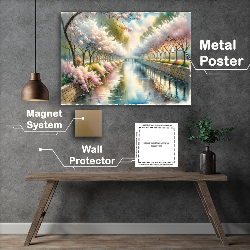 Buy Metal Poster : (Springs Delight A Riverside Blossom in Watercolor Style)