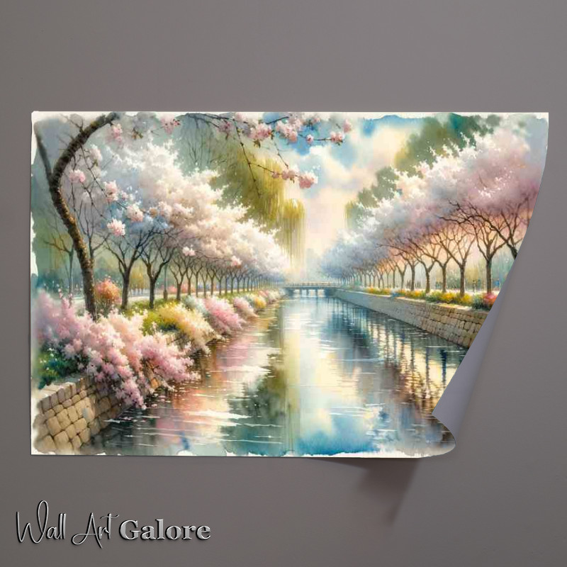 Buy Unframed Poster : (Springs Delight A Riverside Blossom in Watercolor Style)
