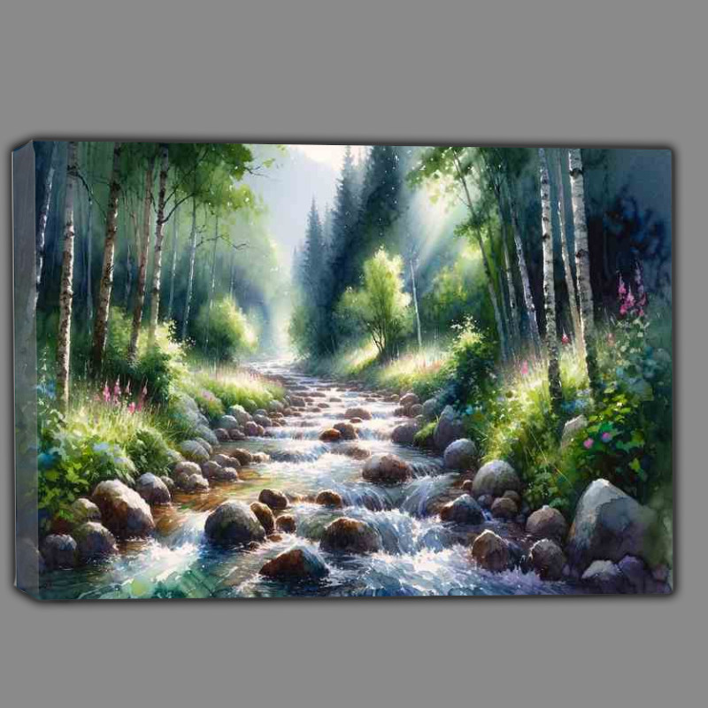 Buy Canvas : (Summers Peace A Mountain Stream in Watercolor Style)