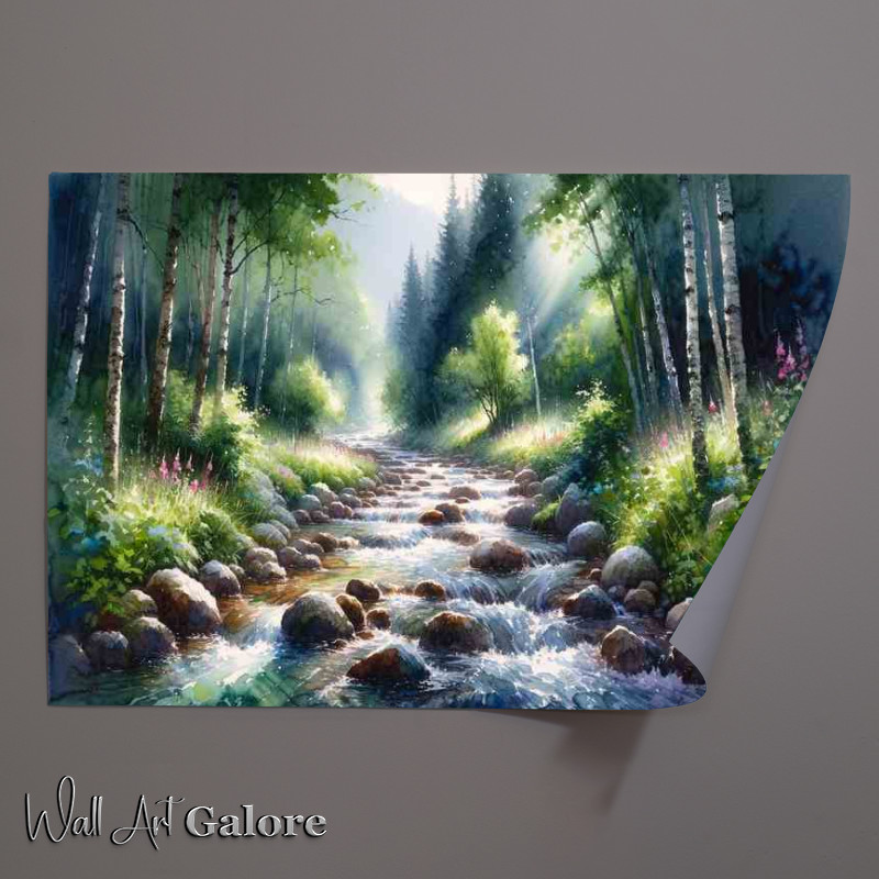 Buy Unframed Poster : (Summers Peace A Mountain Stream in Watercolor Style)