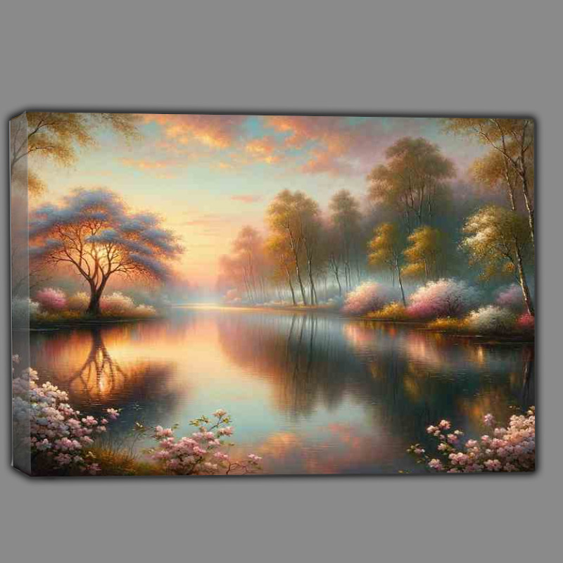 Buy Canvas : (Tranquil Dawn A Spring Lake Scene)