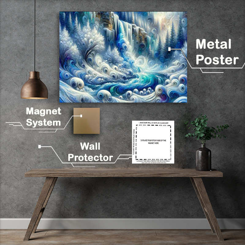 Buy Metal Poster : (Icy Solace A Frozen Waterfall in Abstract Style)