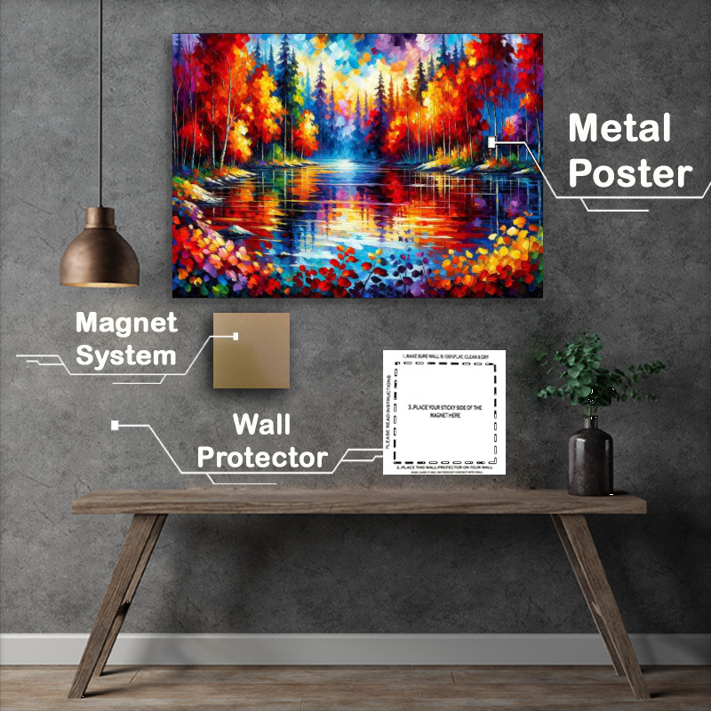 Buy Metal Poster : (Autumns Glow A Forest Lake in Fauvist Style)
