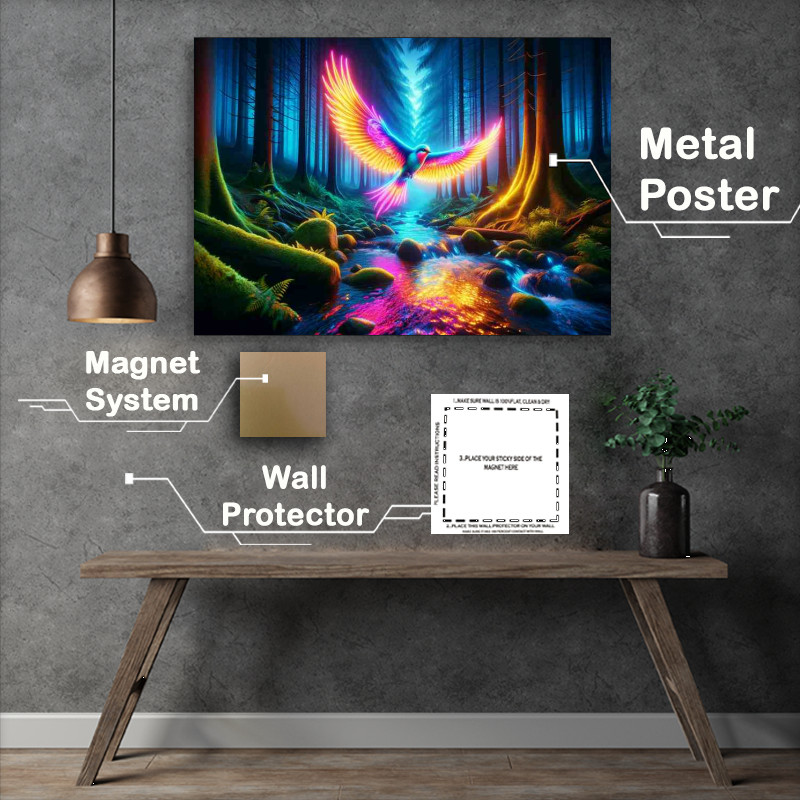 Buy Metal Poster : (Glowing Flight Neon Bird Over Twilight)