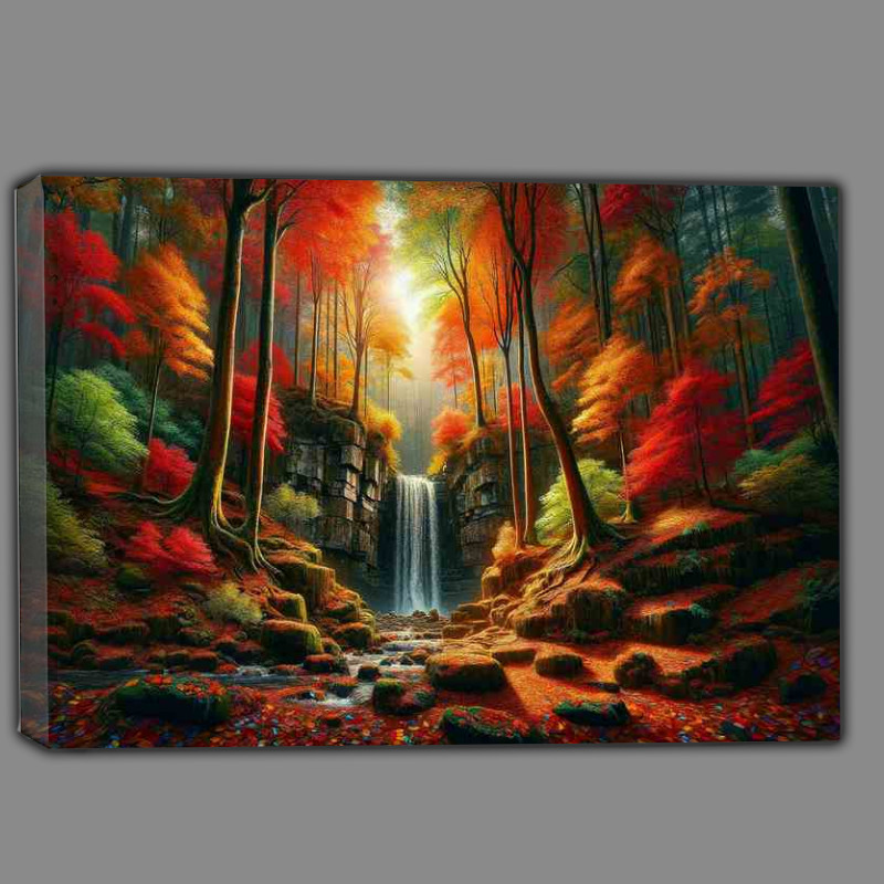 Buy Canvas : (Secluded autumn forest with a hidden waterfall)