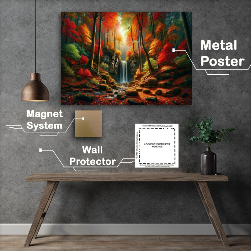 Buy Metal Poster : (Secluded autumn forest with a hidden waterfall)