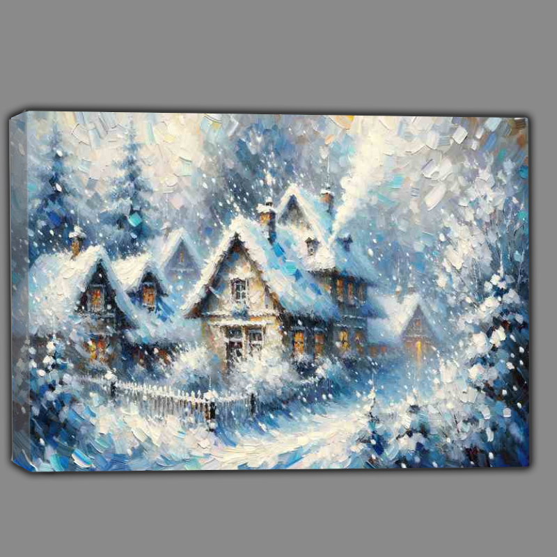 Buy Canvas : (Enchanted Blizzard A Snowy Village in Impressionist Style)