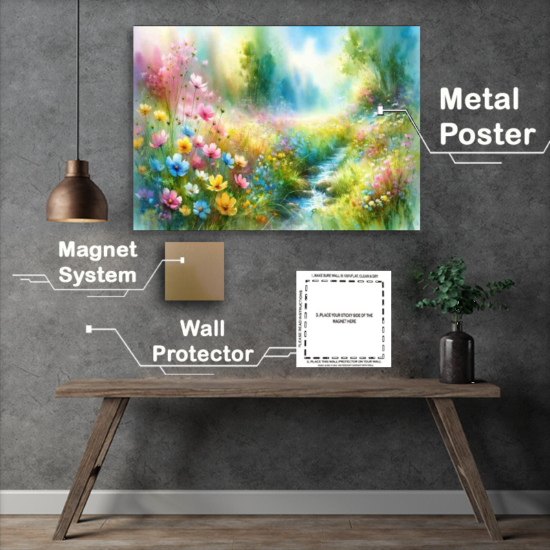 Buy Metal Poster : (Gentle Awakening A Spring Meadow in Watercolor Style)