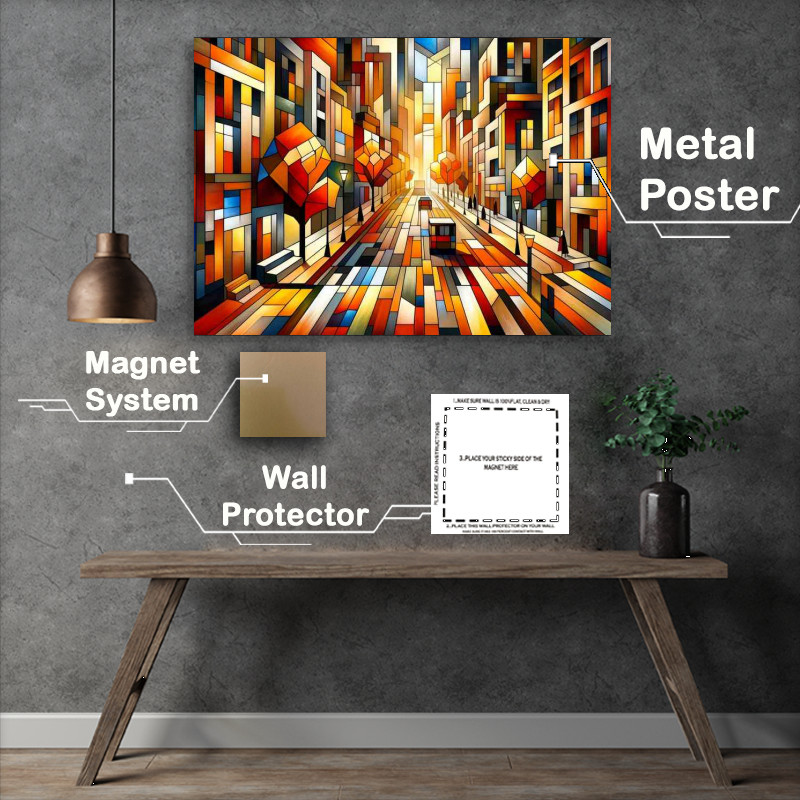 Buy Metal Poster : (Autumns Glow A City Street in Cubist Style)