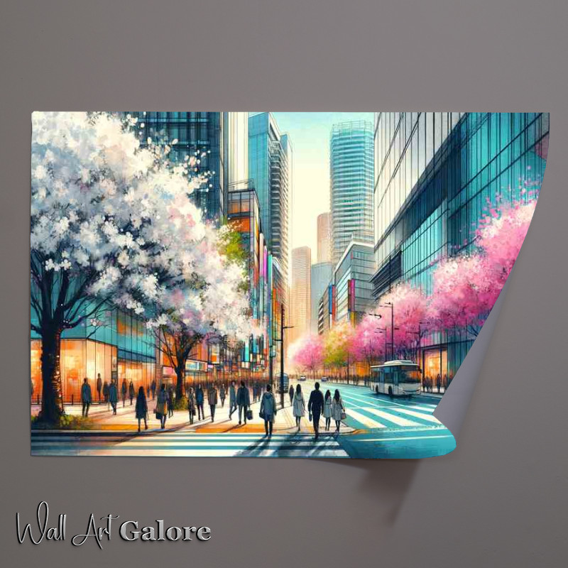 Buy Unframed Poster : (Bustling city street in spring during cherry blossom season)